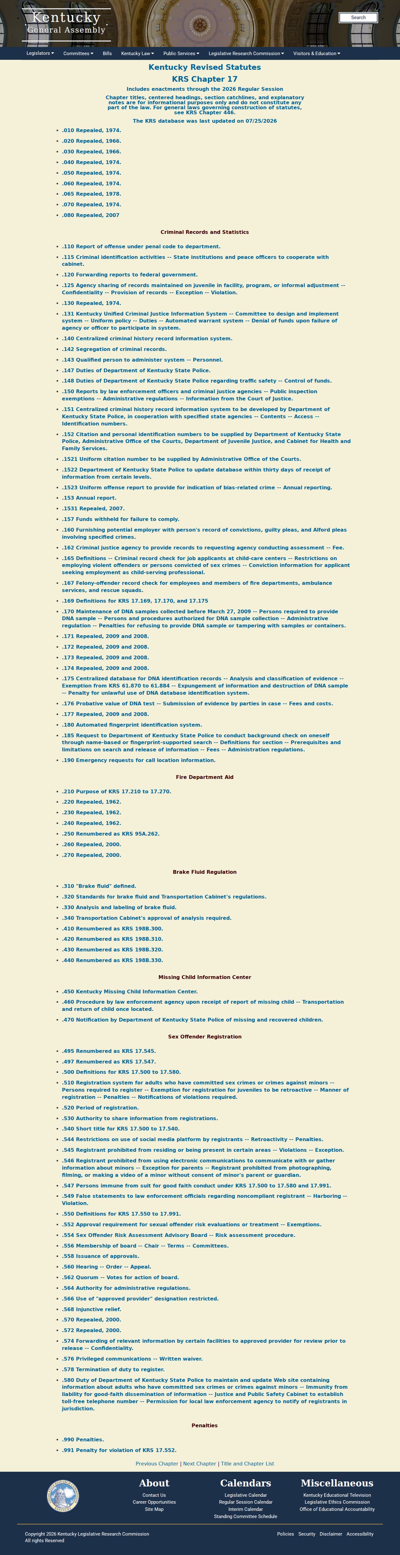 Official KRS Chapter 17 criminal records statutes