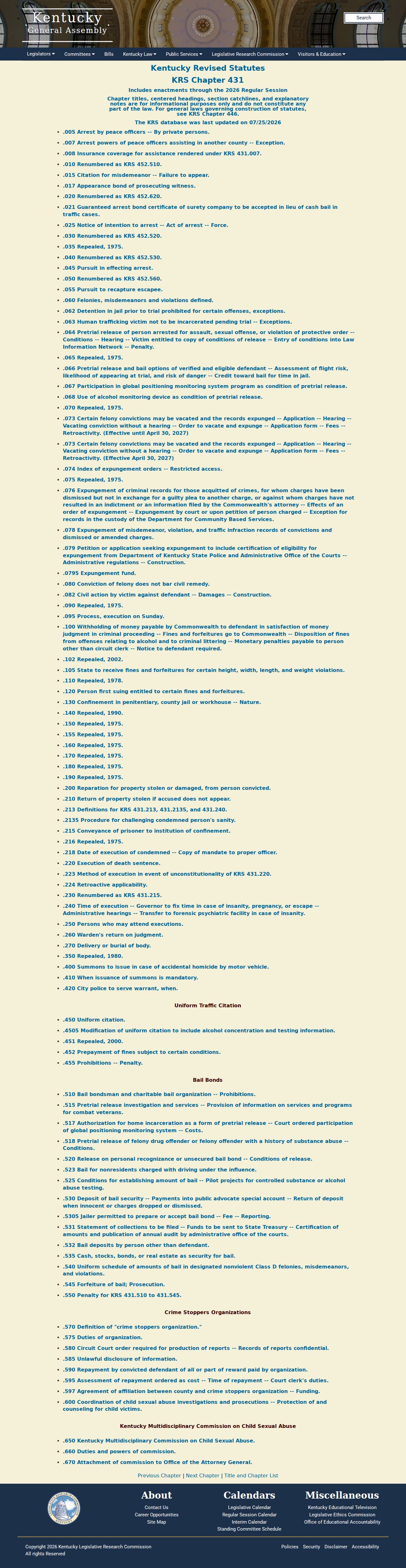 Official KRS Chapter 431 including Kentucky expungement laws