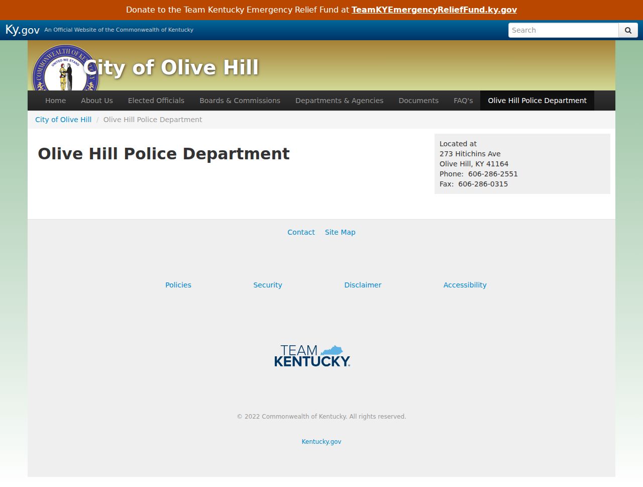 Official Olive Hill Police criminal records contact page